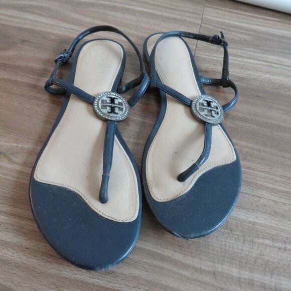 TORY BURCH Liana Flat Jewel Embellished Leather Thong Sandals in Blue Sz US 7.5 - Picture 7 of 15